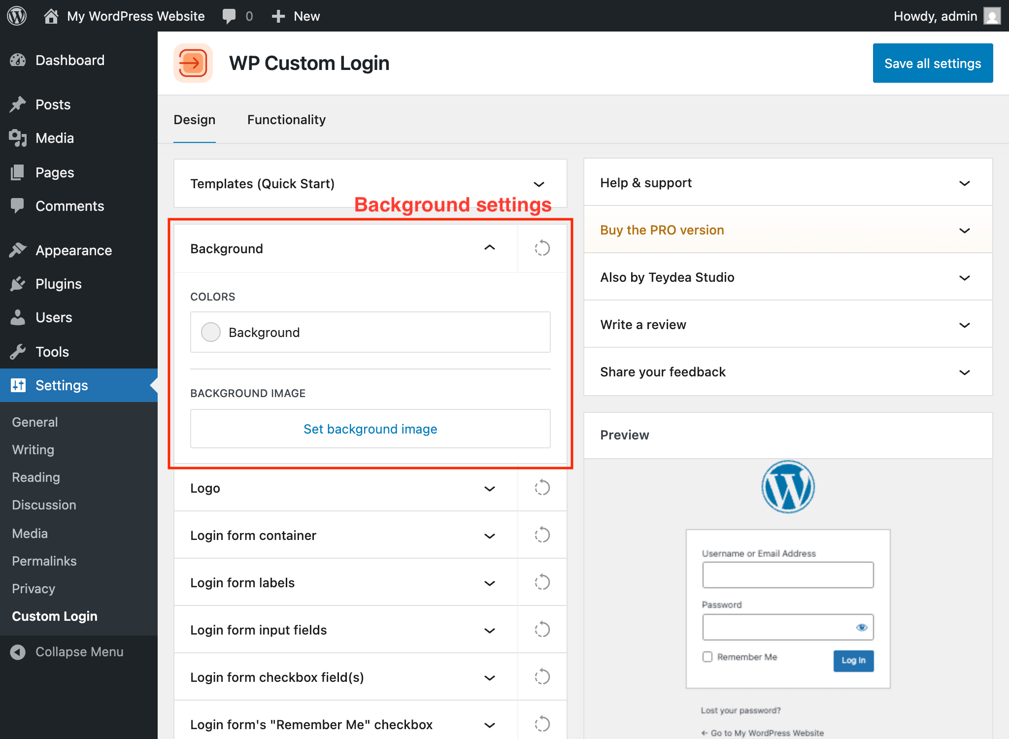 Background panel with color picker