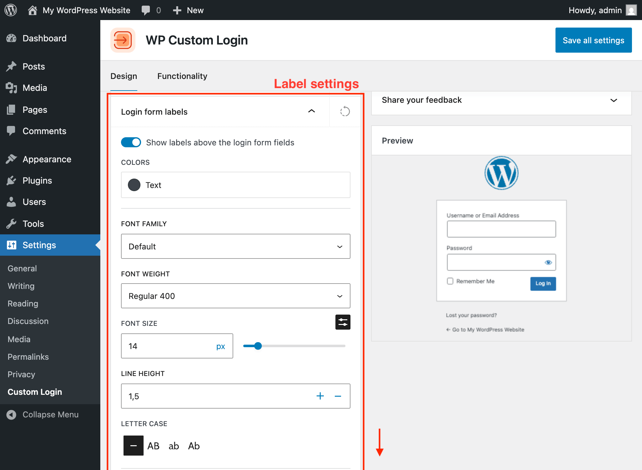 Labels panel showing per-language text fields