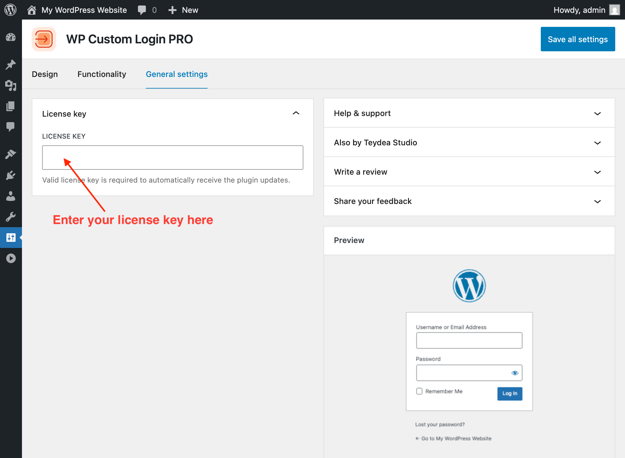 License key panel on the General settings tab