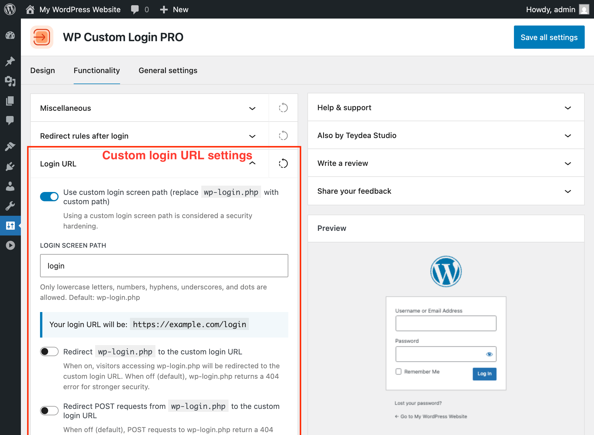 Enabling custom login URL
