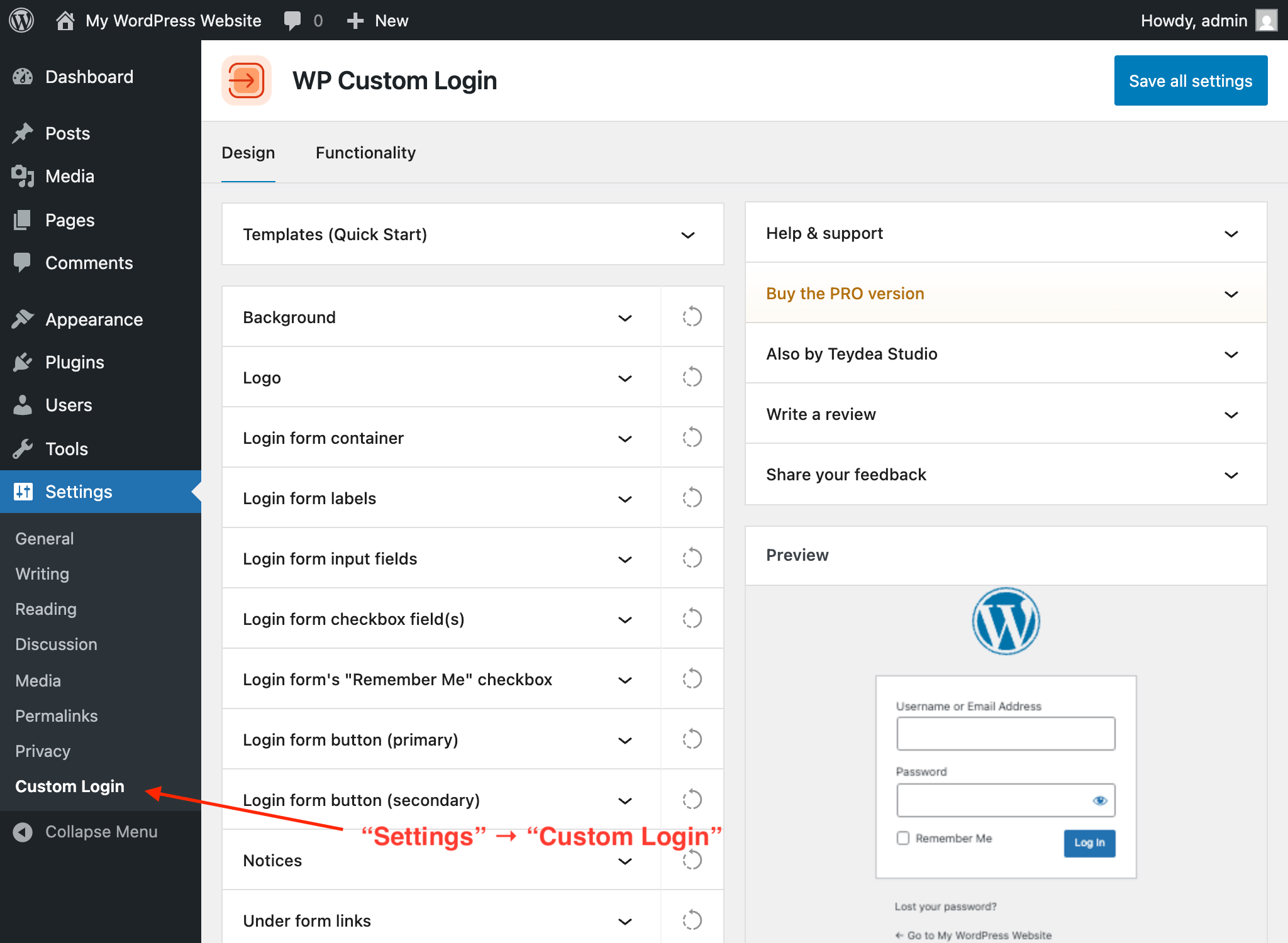 The WP Custom Login settings page after activation