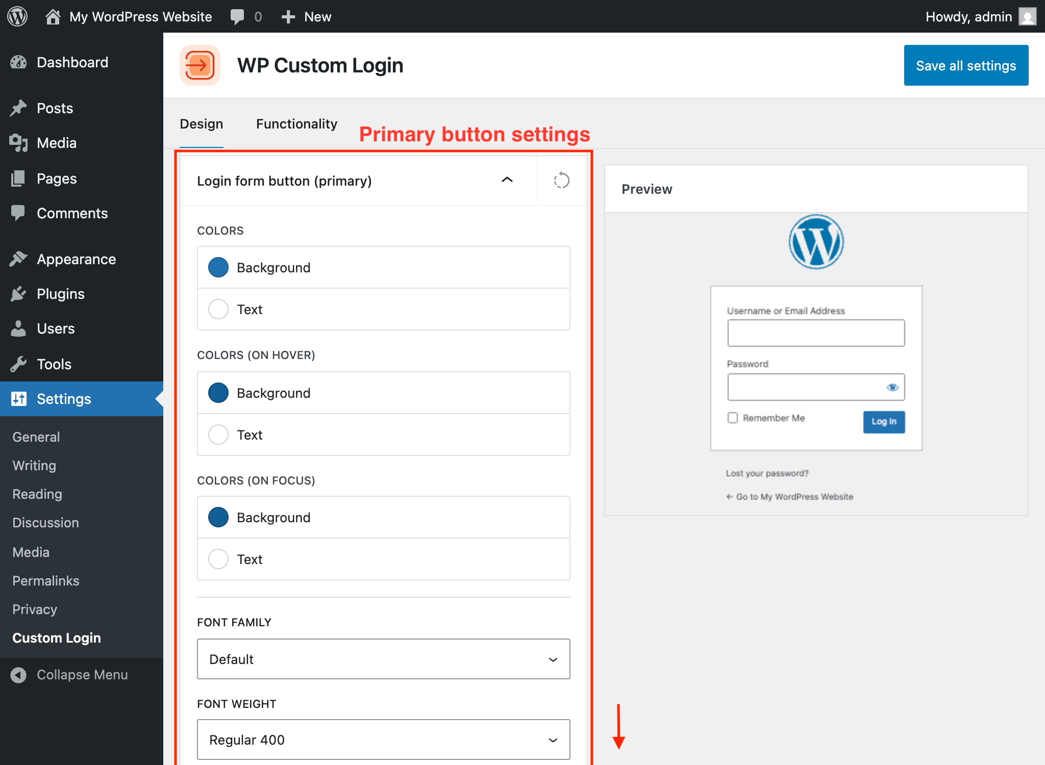Primary button settings panel