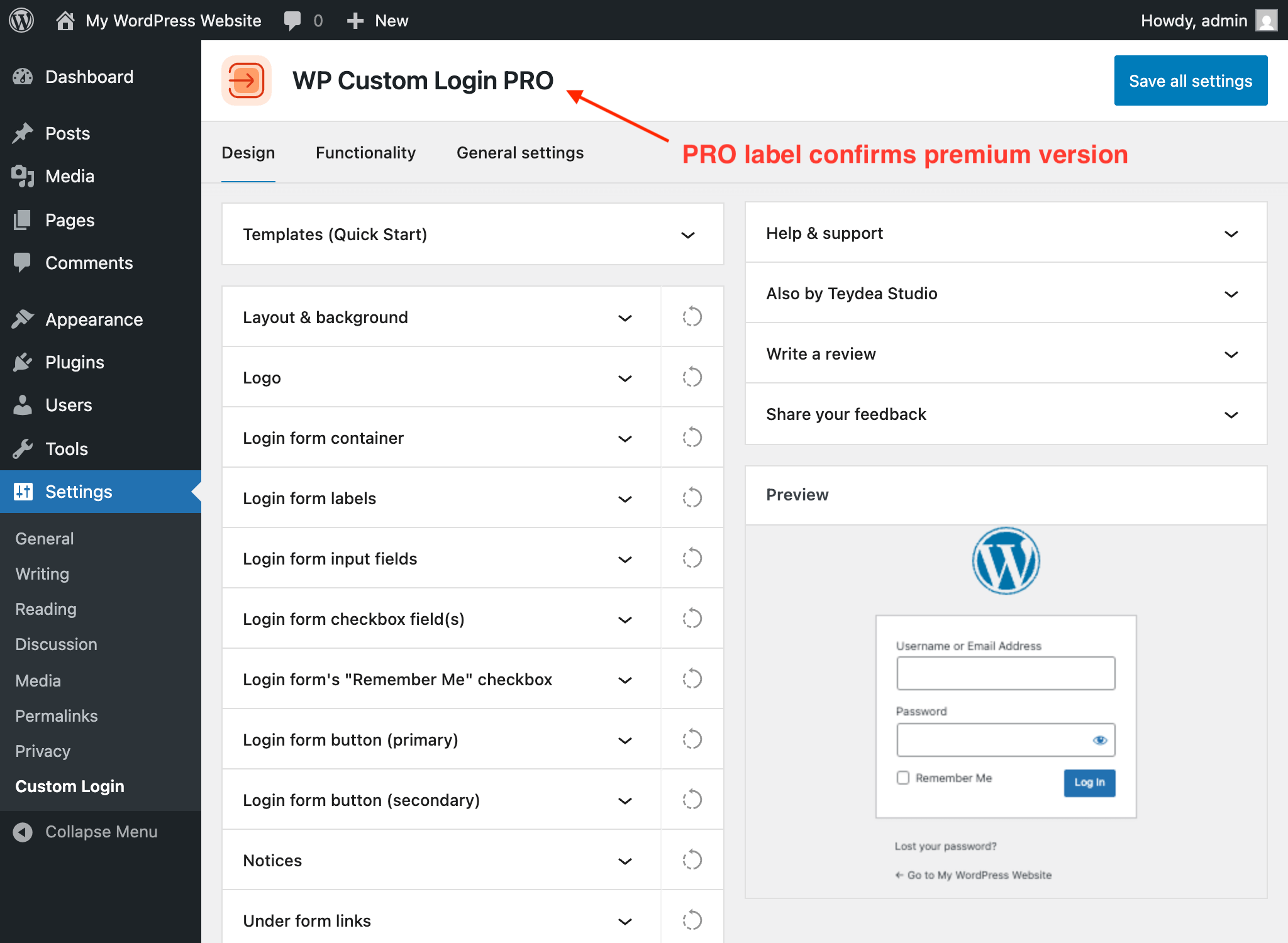 Settings page with PRO label