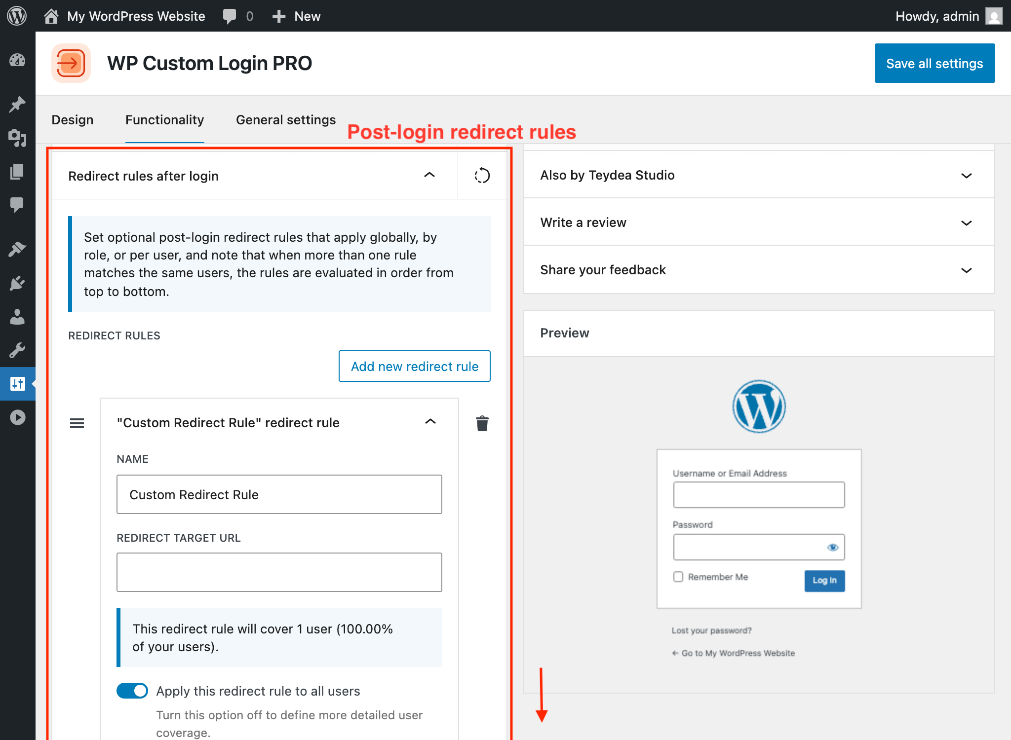 Redirect rules panel