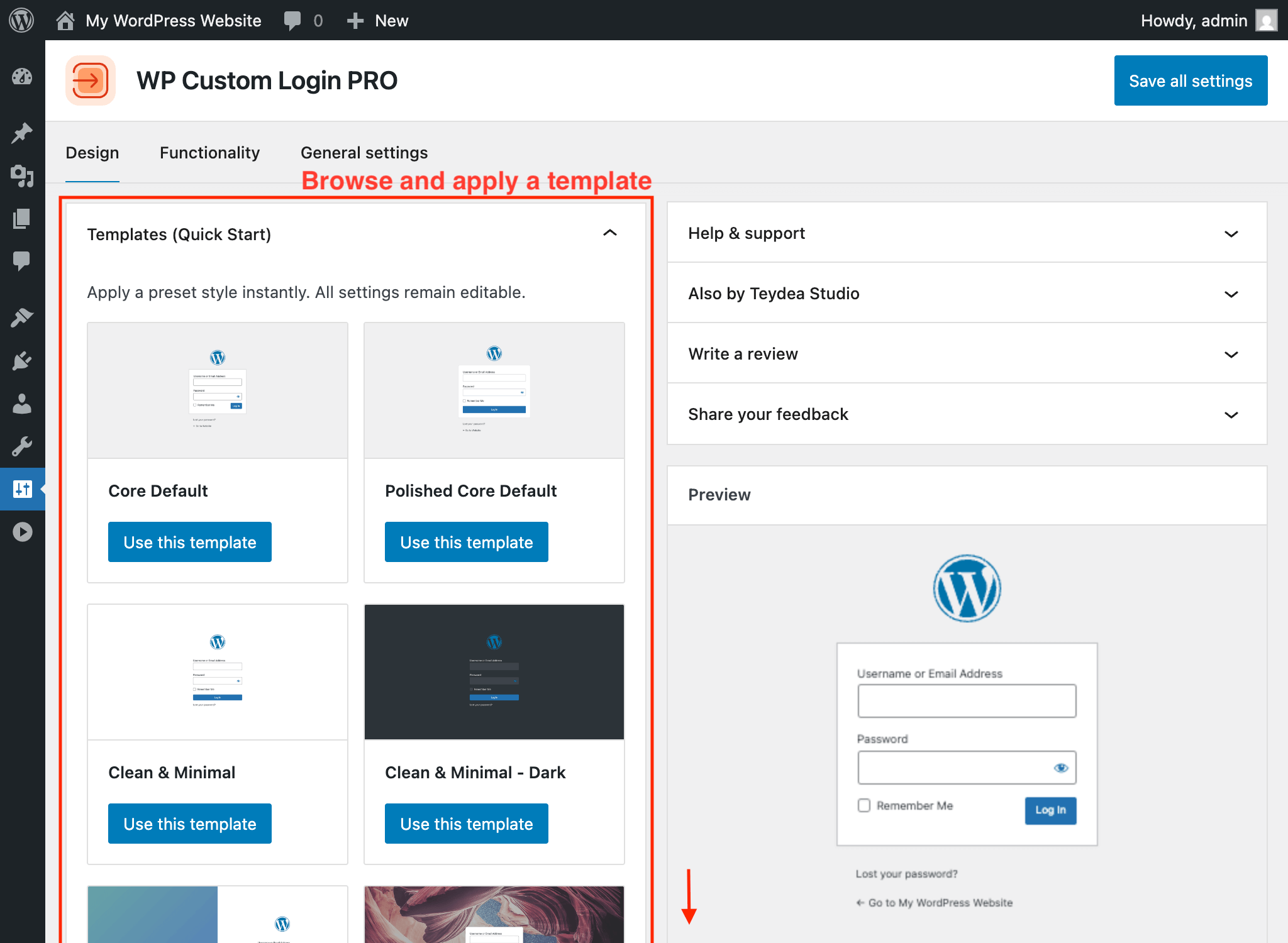 Templates panel with available designs